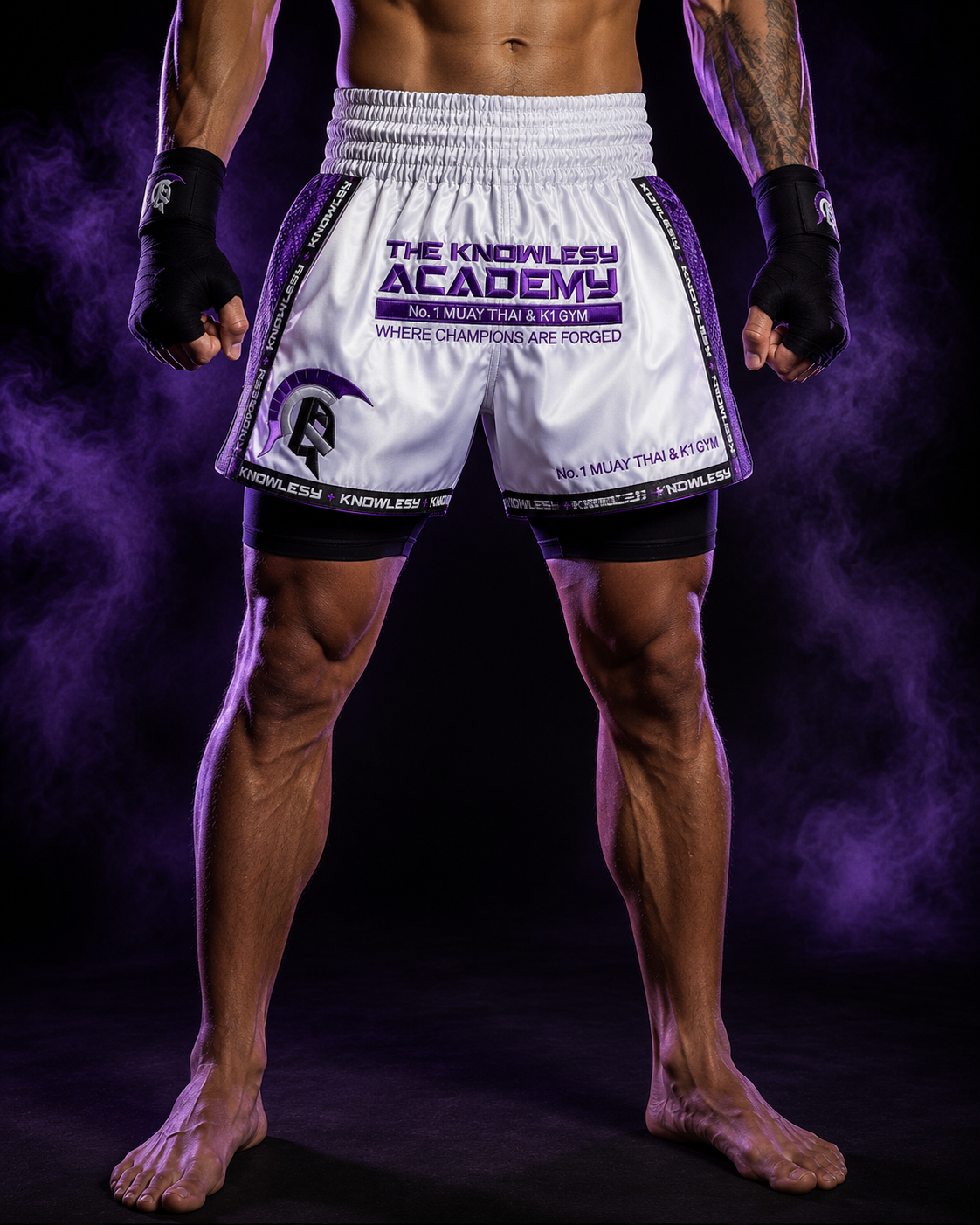 TKA Elite Muay Thai Shorts – White/Purple - Image 2