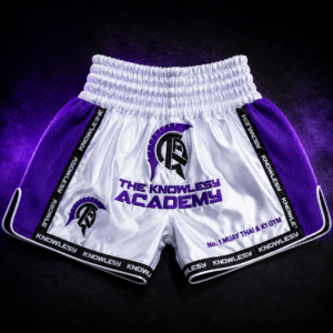 TKA Elite Muay Thai Shorts – White/Purple Large Logo