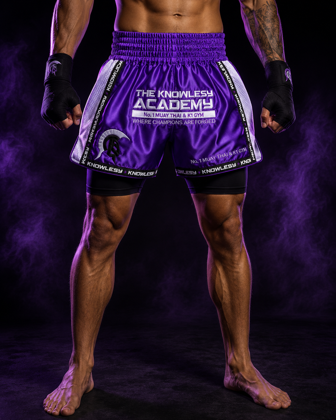 TKA Elite Muay Thai Shorts – Purple/White - Image 2